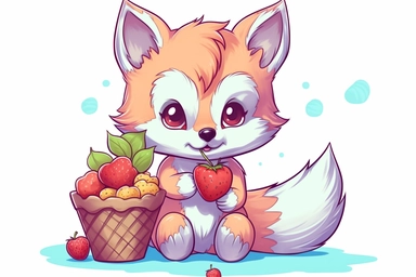 cute anime baby fox eating ice-cream clipart, surrounded by fruit, hd, on white background, spaced out