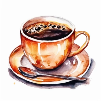 a watercolor clipart of a hot Americano coffee in a cup, white background