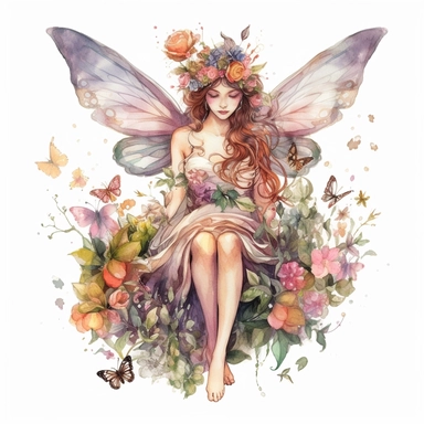 Magical fairy with delicate wings and flower crowns, watercolor clipart, isolated white background, high resolution, very detailed, 32k