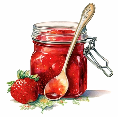 watercolor vintage style strawberry jam in a jar with a vintage spoon filled with jam clipart, vintage strawberry jam in a jar, strawberries, vibrant colors, 1960, vintage, watercolor, realistic drawing in storybook illustration, pencil drawing by Angela Barrett, Elsa Beskow, ultrafine detailed, highly detailed, high resolution, 8K, white background