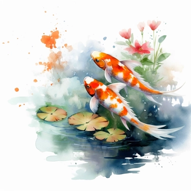 [koi fish] main element. Captivating watercolor image of a serene Japanese pond on a white background, clipart. Ethereal effect, with flowing and transparent layers of paint that emulate the gentle movement of water. Vibrant and contrasting colors. The surrounding landscape should be lush, featuring water plants, lily pads, lotus. Sense of tranquility and harmony, peaceful ambiance. White background, RPG