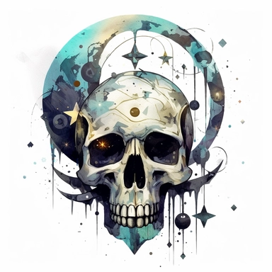 creepy magic skull with crescent moon and stars clipart, detailed, white background, illustration painting, collaged constructions, digital art, watercolor, in the style of sculptural and geometric, forced perspective drawings, Geometric brushstrokes form an intriguingly abstract, in the style of dark fantasy, creepy frightening repulsive images, frightening, painterly figure, by Pablo Picasso, by Wassily Kandinsky, by Zdzisław Beksiński