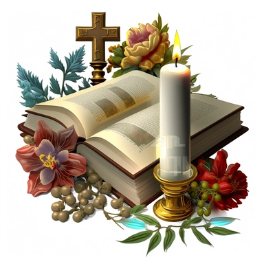 Bible, cross, candles, books, flowers, Sublimation Clipart, on a white background