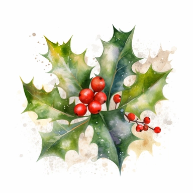 Festive Holly Arrangement Watercolor Art, Beautiful Realistic Clipart, Vibrant Colors, Creative Artistic, Emotional, Detailed, Isolated white background