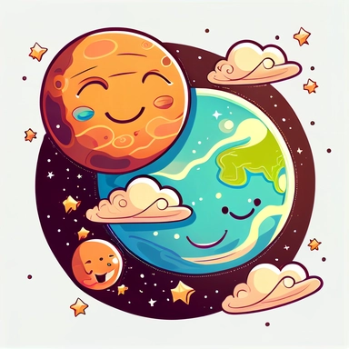planet earth gently sleeping next to its friend old moon. with big blue oceans and green continents. With clouds and stars on a solar system drawing, cartoon, clipart style, vector style, comic.