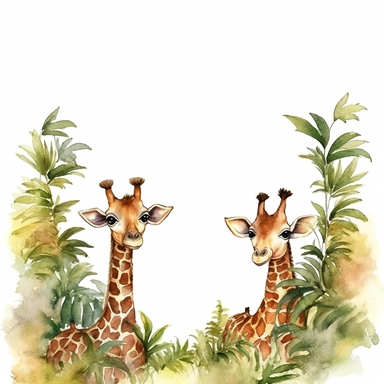 page border of cute baby giraffes playing in the jungle, clipart, white background, watercolor style--q2--v5.1--s1000