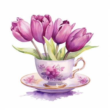 watercolor painting, purple tulips in teacup clipart, beautiful teacup clip art, fancy teacups, delicate little teacup, victorian