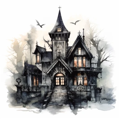 Isolated clipart image of a spooky gothic house with intricate architectural details, twisted spires, and looming shadows, each house unique in its design, showcasing different elements like pointed windows, wrought - iron gates, and weathered stone walls, surrounded by a foggy atmosphere that adds a sense of mystery and intrigue, watercolor painting, delicate brushstrokes capturing the eerie charm,