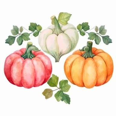 Design a dreamy watercolor clipart of a chinese-inspired Assorted pumpkins and gourds arranged with fall foliage and berries for a festive and harvest-themed display composition, hand-painted with soft and graceful brushstrokes. Draw inspiration from the artistic finesse of Ethereal Petals Watercolors for a refined and ethereal depiction. isolated on a white background, hand-drawn illustration, hand-painted watercolor texture, 16k UHD resolution, intricately detailed, sharp focal points, designe