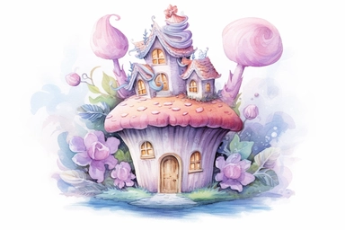 Create an illustration of a cupcake with a whimsical twist, The cupcake serves as the centerpiece, adorned with a luscious watercolor frosting that reveals an entire village of fairies, The fairies are joyfully engaged in various activities, such as dancing, playing musical instruments, and tending to their tiny magical gardens, The scene is set against a serene background of pastel hues, resembling a picturesque fairyland, The artwork should be in the style of watercolor clipart, high-definitio