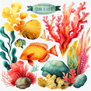 vintage colorful watercolor coral reef clipart red lobster and yellow flounder transparent background