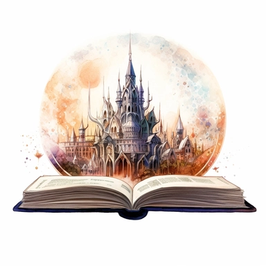 Solid white background, minimalist detailed watercolor open ancient magic book that has an image of an elvish city with stunning architecture , clipart. The visable pages of the book have sketched magic circles on them visibly