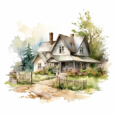 beautiful detailed rustic watercolor farmhouse, clipart