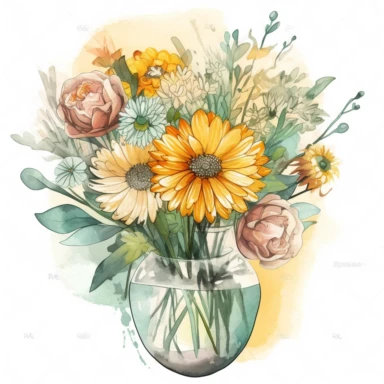 Transparent Vase of summer Flowers Clipart, High Quality, Digital print , water colors, cheerful vibe , vector art