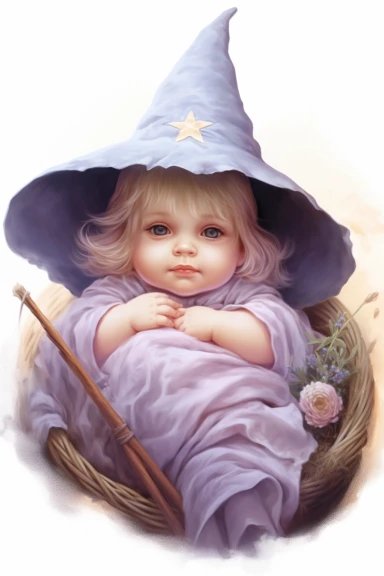 clipart, realistic newborn witch, pastel colors, vintage style
