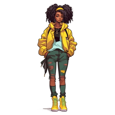 trendy black girl wearing streetwear, cartoon style, clipart
