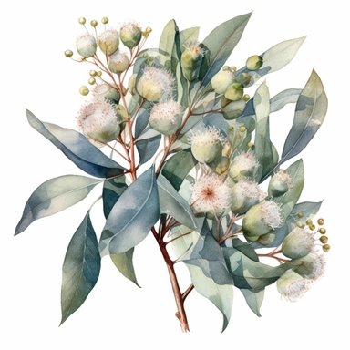 watercolor clipart eucalyptus branche,with green blue foliages,very big cream white gum blossoms,high resolution,high detailed,no text