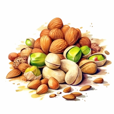 picturesque, simple, bright, the best simple mixed nuts, almond, cashew nut, pistachio, peanut, macadamia nut, in the world, clipart on white background, watercolor, painted by Beatrix Potter, 8k,