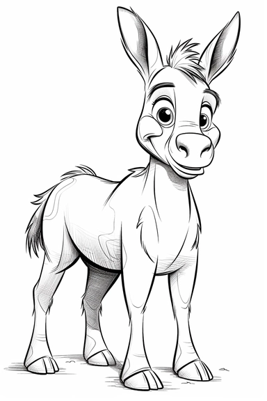 pixar Donkey clipart, simple line art, monocromatic, isolated on white background, color image, full body, stroke line art, for toddler coloring, 8k