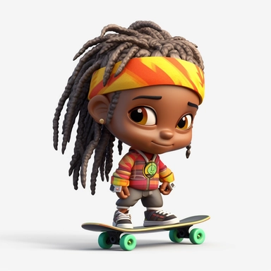 cute Black girl 3d clipart, chibi style, colorful, with Dreadlocks, skateboarding, white background, punk clothing, African colors, vector style, 4k, sharp focus,