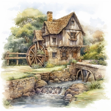A highly detailed watercolor drawing of an ancient medieval rustic cottage nestled among lush greenery, with a majestic waterwheel turning gracefully next to a tranquil river, all set against a pure white background. The cottage showcases intricate stonework, thatched roof, and timber beams, while the waterwheel features weathered wood and cascading water, creating a sense of serenity and harmony with nature. The watercolor clipart style adds a touch of whimsy and charm to the scene, with soft b