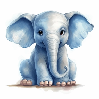 cute Elephant Clipart sitting and smiling in the style of oil painting, on a white background