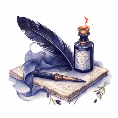 watercolor, hyper realistic, white background, white margins, 16k, ultra detailed clipart, cut out image, hand-drawn, whimsical manhwa style, ultra HD, sharp and clean art A quill pen and inkwell sitting on a velvet cushion, with a romantic old-fashioned love letter partially written, on a background of deep midnight blue.