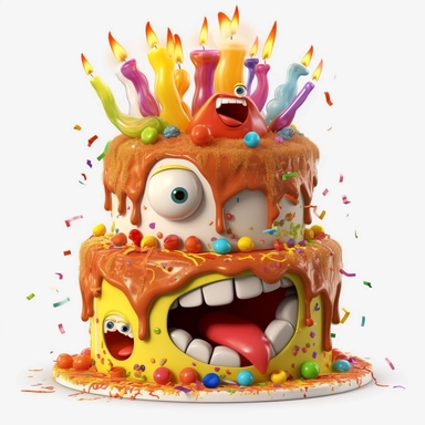 clipart of a messy two layer birthday cake, there is a funny face in the cake, candles, cartoon, for kids, funny, pixar, 8k, white background, sharp focus, detailed,