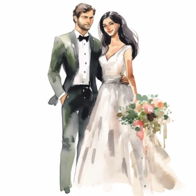 watercolor bride and groom clipart, a bride and a groom look like if they were from Latin America: dark hair, dark eyes, hd,