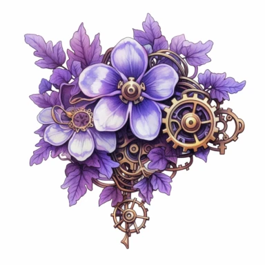clipart white background intricate detailed steampunk lilac flower, watercolor