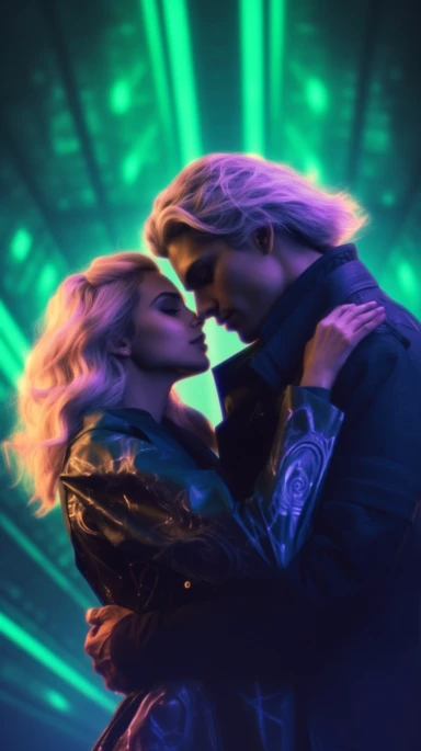 Clipart, just real, cinematic lighting, couple of elf lovers, kiss , white hair, man with medium hair, green eyes, fantasy background, synthwave style, 8k,