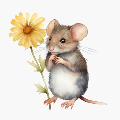 a little field mouse, standing up, holding a daisy flower, watercolor, clipart, white background