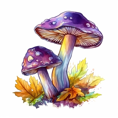 watercolor mushroom clipart with a purple mushroom and a yellow one,with large clear leafs,clear edges,warm colors,cut-out,Outlined Edge Detection,positive energy,clear white background,vector graphics
