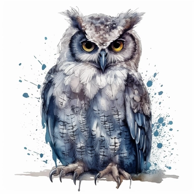 A Cute Happy Owl Sitting.Watercolor hyper-realistic detailed animal illustrations, elegant inking techniques, delicate markings, monochromatic paintings, free brushwork, watercolor illustrations, painted illustrations Clipart, White Background