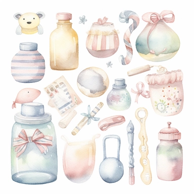 Create a watercolor clipart set featuring a variety of baby items, such as bottles, pacifiers, rattles, and blankets. Use soft, pastel colors and delicate lines to capture the innocence and sweetness of infancy, white background