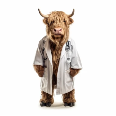 a highland cow dressed as a medical doctor. Photo. White background. Full body. Detailed. Clipart.