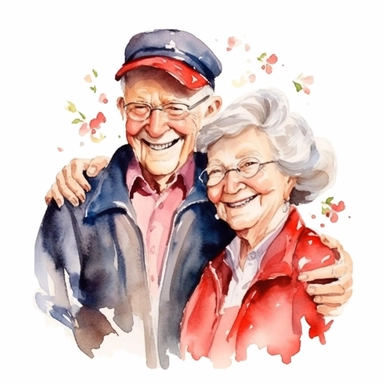 a heartwarming vibrant saturated cartoon watercolor clipart image with a white background, featuring cute sweet extremely happy elderly couple