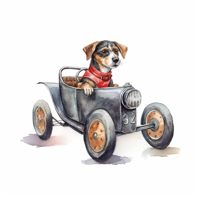 a dog driving a racing car, watercolour, clipart, white background