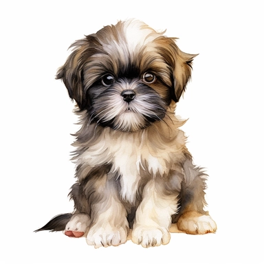 Watercolour cute Shih Tzu puppy sitting, beautiful details, ultra detailed, ultraphoto real intricate detailed, high definition, graphic clipart, hyper realistic,detailed, white background
