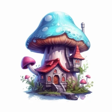 fantasy mushroom house vector, realistic illustration, oil paints, crimson, light blue and dark Violet style, neat strokes, expressive, Disney charm, very detailed, soft gradiend, light contrast, dreamy, clipart, inspiration from Artstation, white solid background