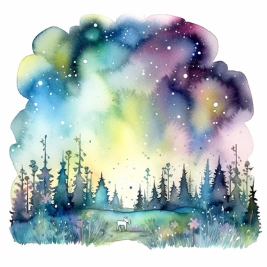 watercolor stars and northern lights over flowers illustration clipart, in the style of use of northern lights tones, intricate storytelling, dramatic color palette, rounded, ephemeral installations, elaborate borders, romanticized depictions of wilderness, clipart, blank white background