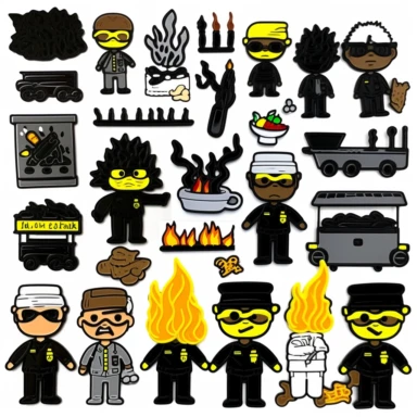 a set of black line clipart inspired by live fire cooking and barbecue and Lego and Funko Pop toys