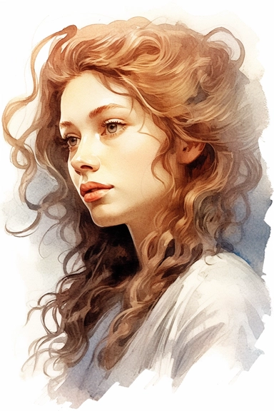 watercolor clipart Highly detailed portrait, 2/3 profile, linen canvas, pencil line drawing with coloured ink wash, happy mediterranean girl, character study, detailed character design, perfectly centered, renaissance, medieval, lush curls, sharp focus, high definition, soft diffuse lighting, chiraroscuro, 16k, Charlie Bowater, John William Waterhouse, Krzysztof Lukasiewicz