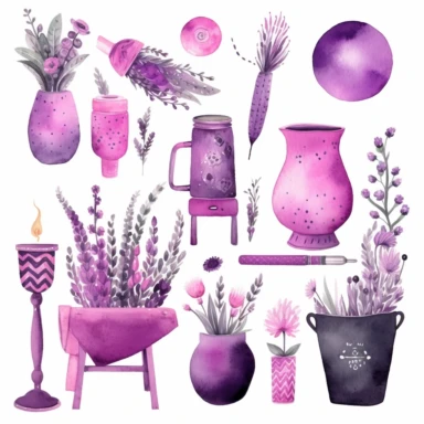 watercolor home decor items, vase, pillow, rug with lavender flowers, in the style of hot pink, purple and lavender colors, intricate illustrations, primitivist elements, dotted, pencil texture, vivid color palette, Clipart Collection, objects isolated on white background