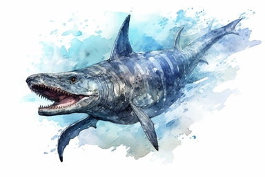 Watercolor, Generate an image of a massive Kronosaurus emerging from the ocean depths to feed clipart, hd, on a white background, spaced out