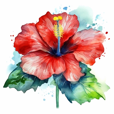 A watercolor painting of a red hibiscus flower with a blue and green background, Watercolor clipart, isolated on white background