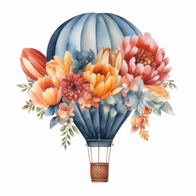 Watercolor Floral Hot Air Balloon Clipart, on a white background