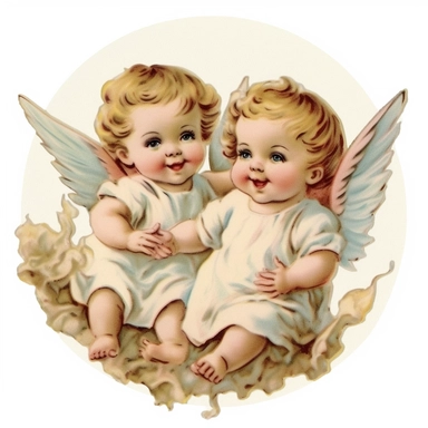 baby angels in the style of a vintage holiday card, very cute, flying, smiling, clipart, white background
