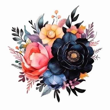 watercolor, handpainted black boho floral clipart, transparent background, spaced out--ar 3:2