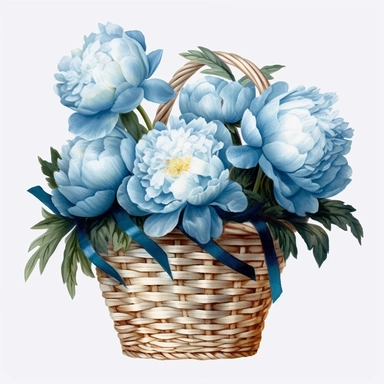Watercolour realistic pastel blue peonies in wooden wicker basket with delicate ribbon bow wrapped around it intricately realistically detailed pastel blue peonies, PNG image,transparent background ,ultra highly detailed, 18k, sharp focus, bright photo with vibrant colours, digitally enhanced,photographic, enhanced graphics, png format, straight, sharp focus, bright lighting, intricate detailed png image ,high definition,300dpi,graphic clipart,computer graphics